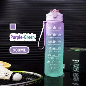 32oz/900mL Motivational Water Bottle With Straw & Time Marker; Daily Water Intake Bottle With Carrying Strap For Fitness Gym School Mountain Climbing (Color: Purple-Green)