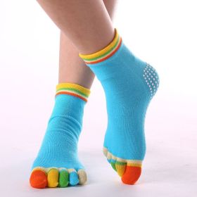 1pair Rainbow Color Non-slip Towel Bottom Yoga Socks, Cozy 5 Toes Split Knitted Calf Crew Socks, Women's Yoga Socks (Color: Caizhilan, size: One-size)