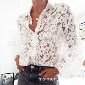 Spring Lapel Sweater Floral Print Sexy Perspective Long Sleeve (Color: White, size: XXL)