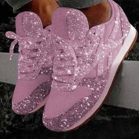 Women Flat Glitter Sneakers Casual Female Mesh Lace Up Bling Platform (Shoe Size: 7, Color: Pink)