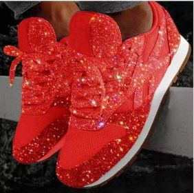 Women Flat Glitter Sneakers Casual Female Mesh Lace Up Bling Platform (Shoe Size: 11, Color: Red)