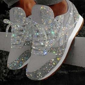 Women Flat Glitter Sneakers Casual Female Mesh Lace Up Bling Platform (Shoe Size: 12, Color: Silver)