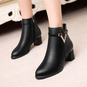 2021 Winter Women's Ankle Boots Black Plus Cotton Warm PU Leather (Shoe Size: 37, Color: Black)