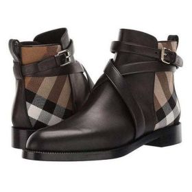 Women Pu Leather Boots Buckle Design Plaid Ankle High Fashion (Shoe Size: 45, Color: Auburn)