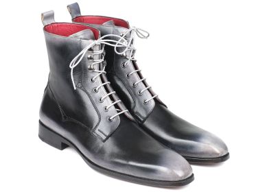 Paul Parkman Men's Gray Burnished Leather Lace-Up Boots (ID#BT535-GRY) (Select your size: EU 38 - US 6)