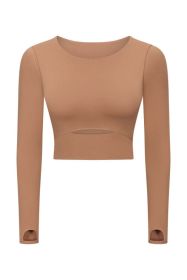 Cut Out Front Crop Yoga Tee (Color: Brown, size: 8)